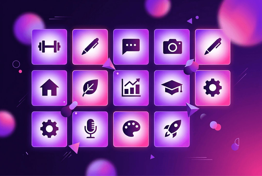 Grid of challenge concept cards representing different niches — fitness, writing, coaching, photography, business