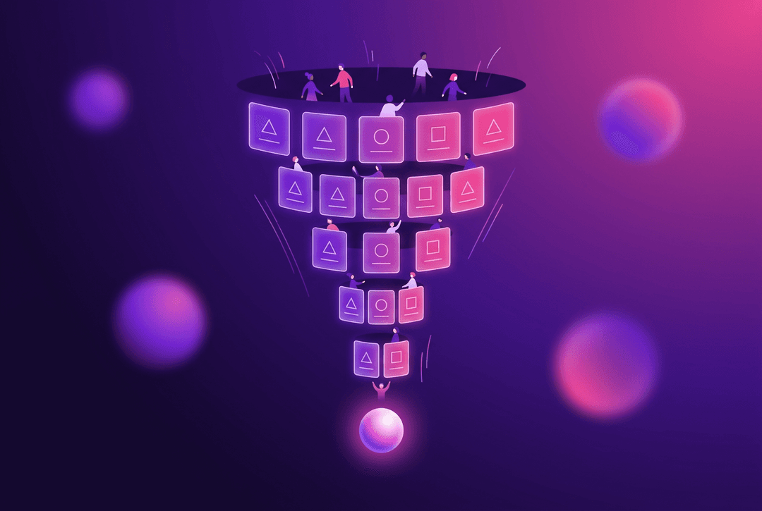 Illustration of a challenge marketing funnel — day cards cascading through a funnel toward a converting outcome