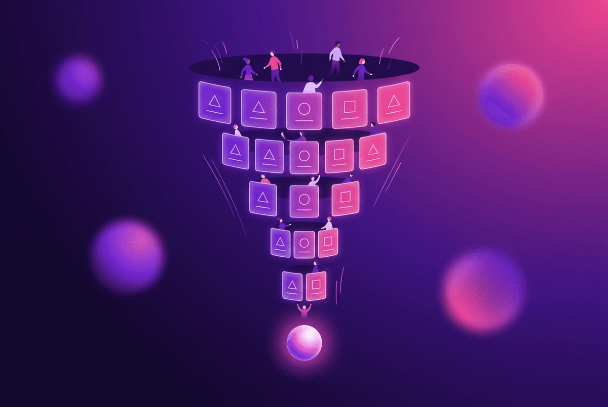 Illustration of a challenge marketing funnel — day cards cascading through a funnel toward a converting outcome