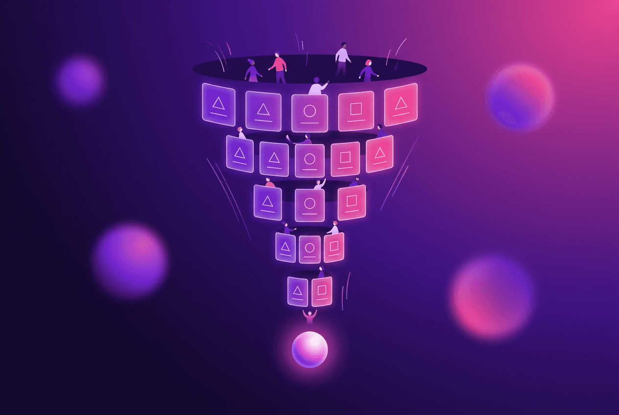 Illustration of a challenge marketing funnel — day cards cascading through a funnel toward a converting outcome