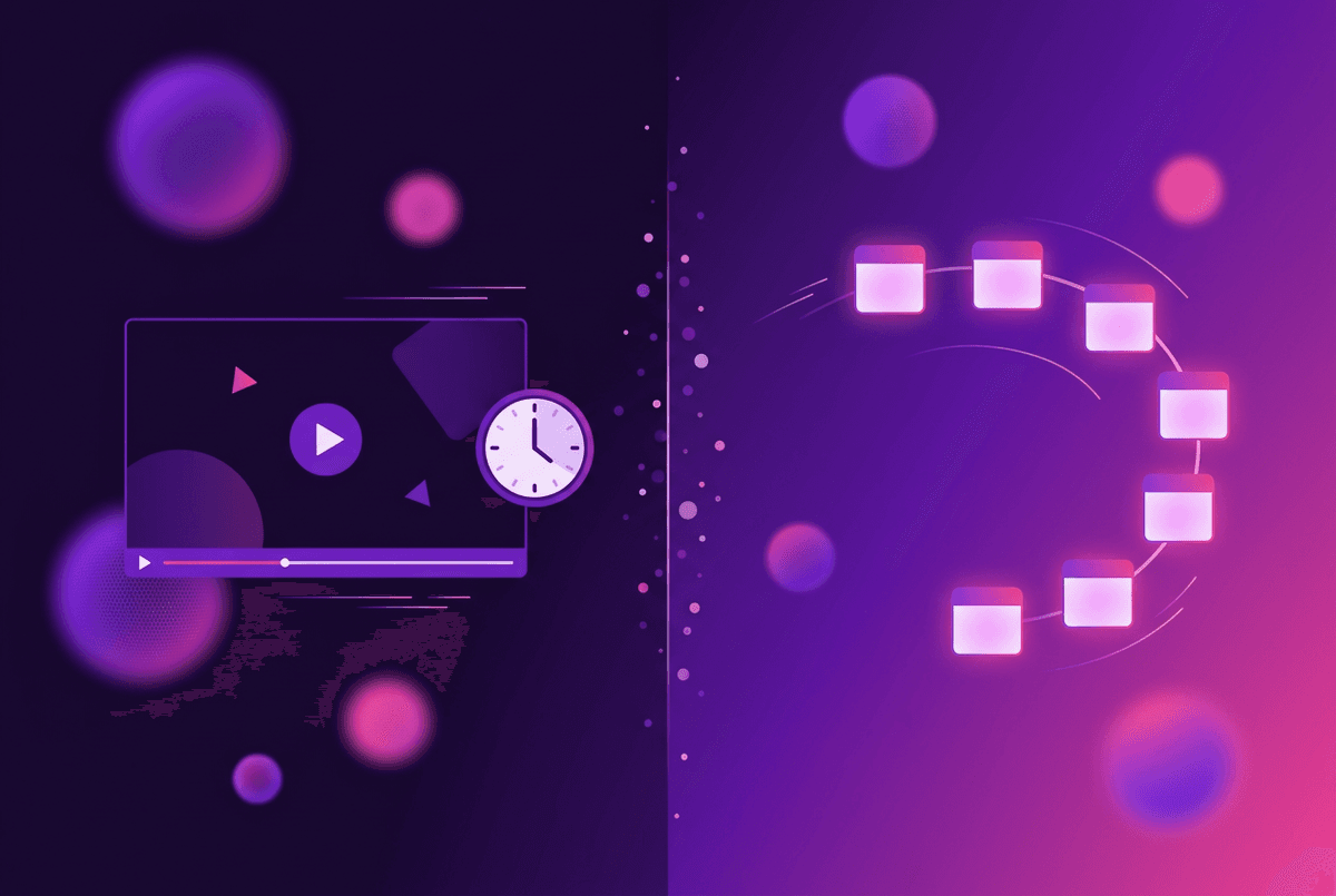 Side-by-side illustration comparing a single webinar screen with a multi-day challenge day-card sequence