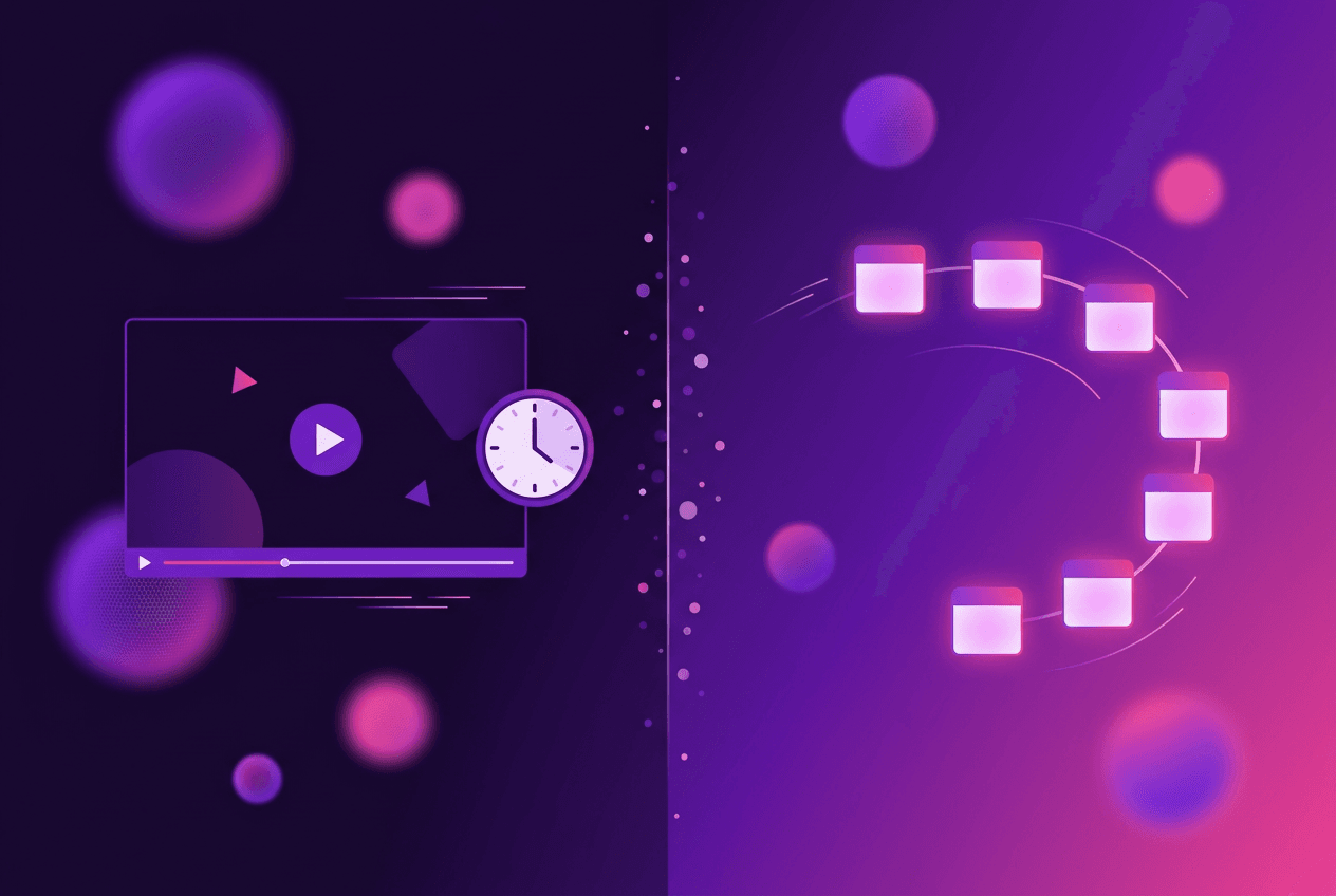 Side-by-side illustration comparing a single webinar screen with a multi-day challenge day-card sequence