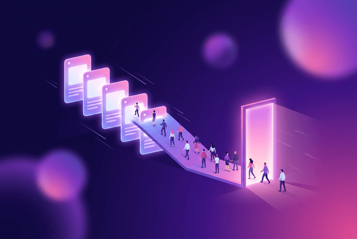 Illustration of a cascade of glowing day-cards funneling small figures toward a bright premium doorway