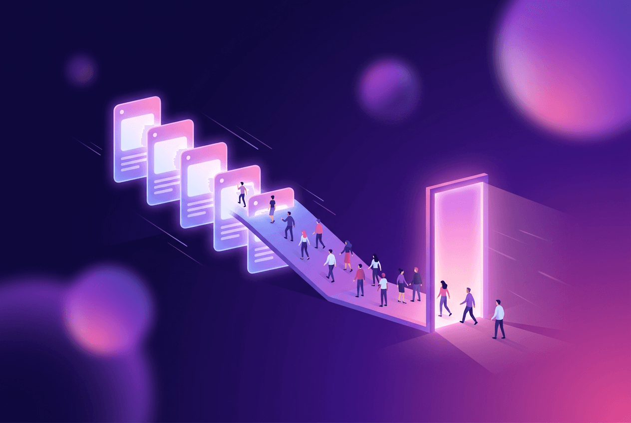 Illustration of a cascade of glowing day-cards funneling small figures toward a bright premium doorway