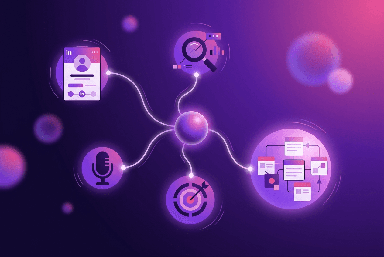 Illustration of B2B lead generation channels including LinkedIn, SEO, podcasts, and team-based challenges