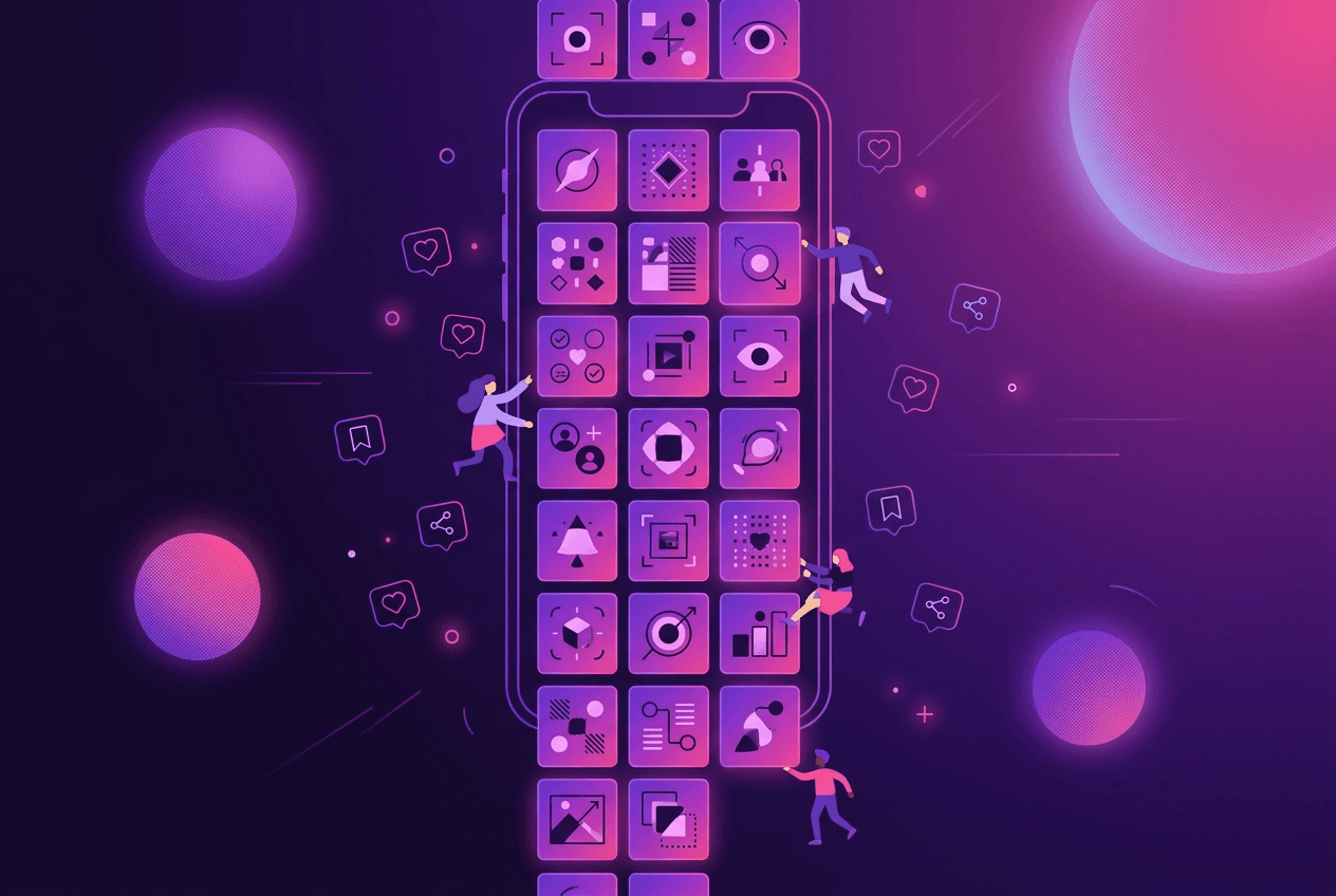 Illustration of Instagram posts and reels stacked in a challenge progression layout