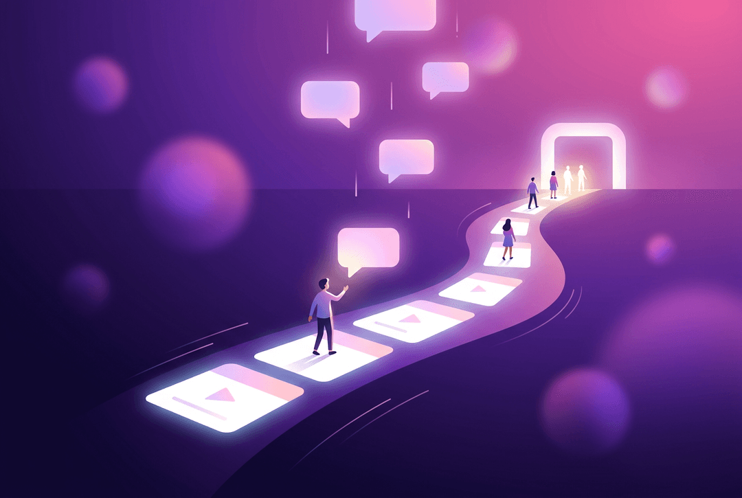 Illustration of glowing message threads keeping a line of participants moving along a path of day-cards toward a finish line