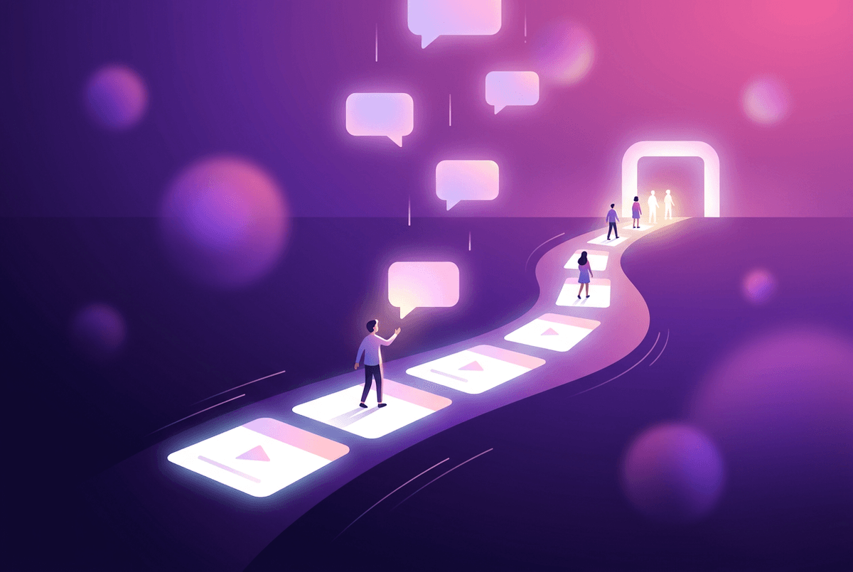 Illustration of glowing message threads keeping a line of participants moving along a path of day-cards toward a finish line