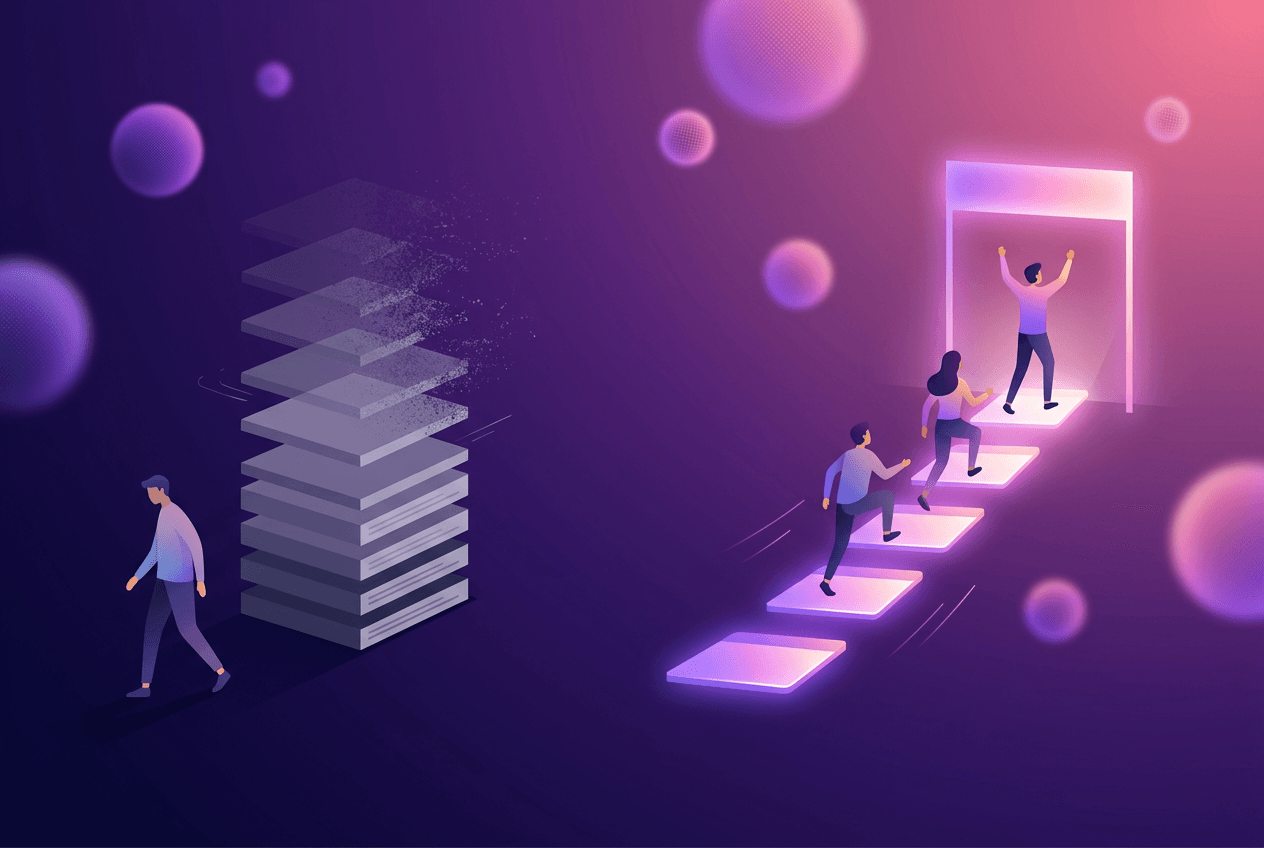 Illustration of a stack of abandoned course modules fading out while a short chain of glowing day-cards reaches a finish line