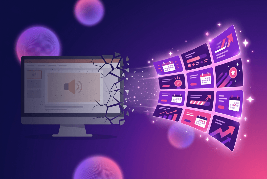 Illustration showing a traditional webinar screen fading as a multi-day challenge grid takes over